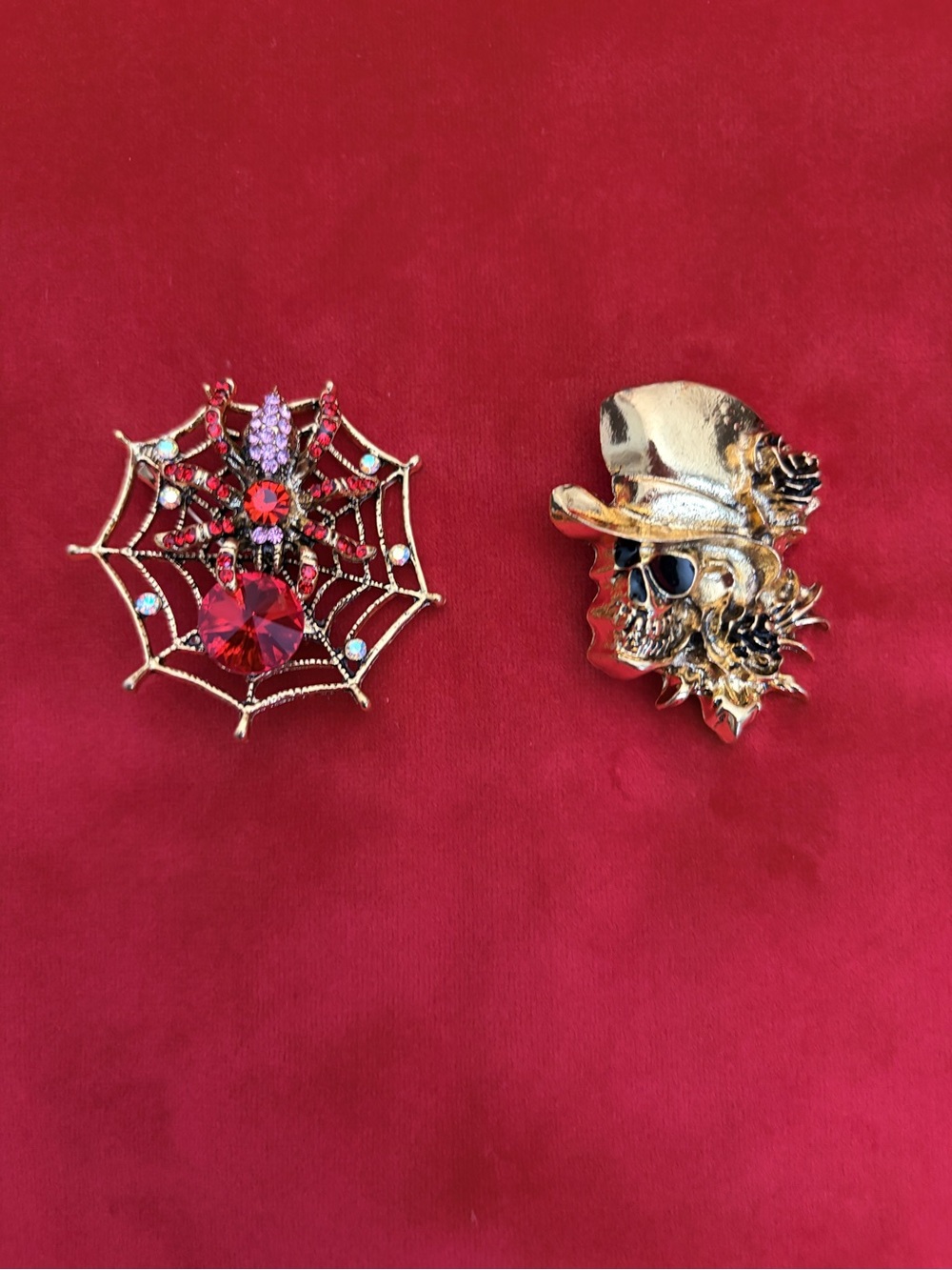 Gold Skull with Hat Brooch and Red Crystal Spider Web Brooch Set